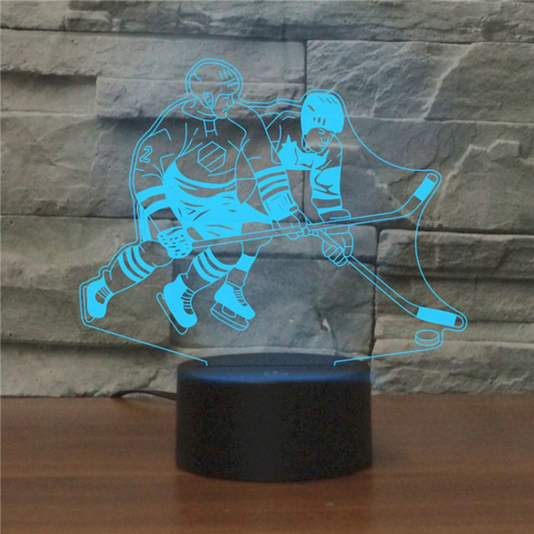 Ice hockey neon LED table lamp with blue player and puck design on black base