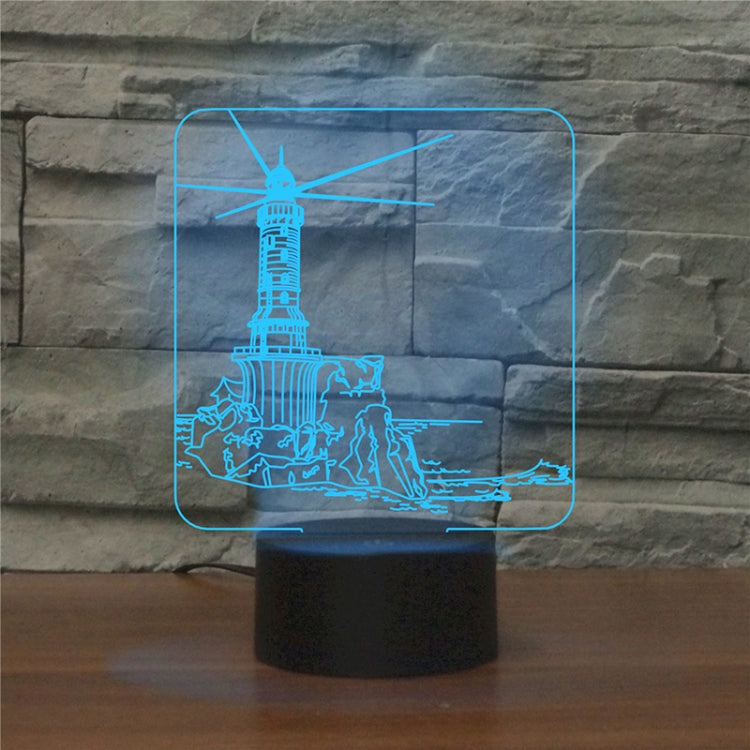 Lighthouse-shaped 3D LED table lamp with blue outline glow on black base