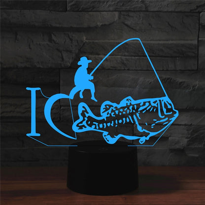 Fishing-themed 3D LED table lamp with blue glow, fish-and-rod silhouette on black base