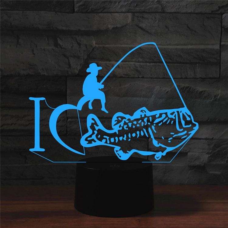 Blue LED fishing scene table lamp with triangular frame, angler silhouette on black base