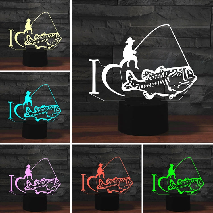 Multi-color 3D fishing LED table lamp with fish-and-fisher silhouette neon outline