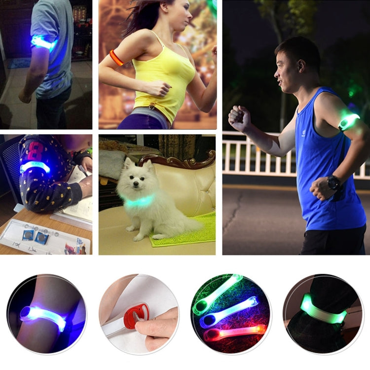 LED safety wristband glow on multiple people, showing green and blue light modes.