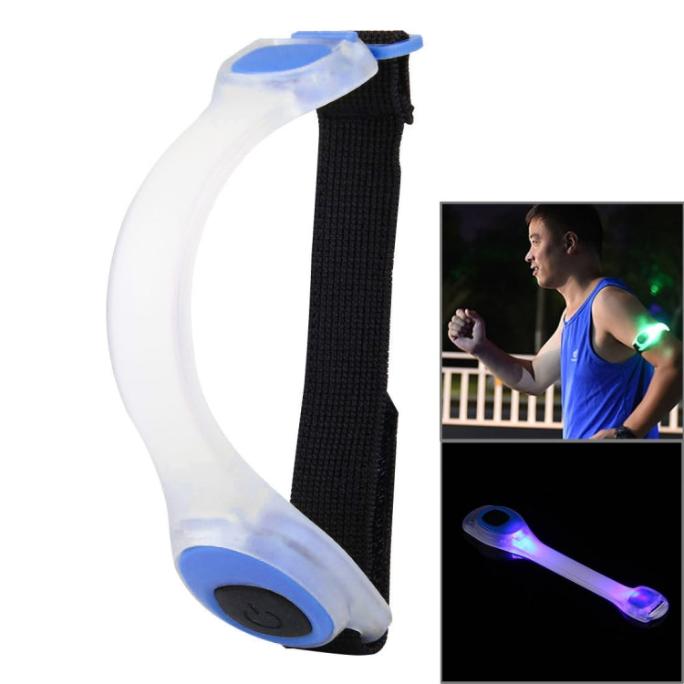 CR2032-powered LED light armband with blue glow and black fabric strap