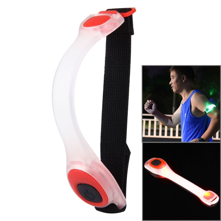 CR2032-powered LED light armband with red glow and black fabric strap