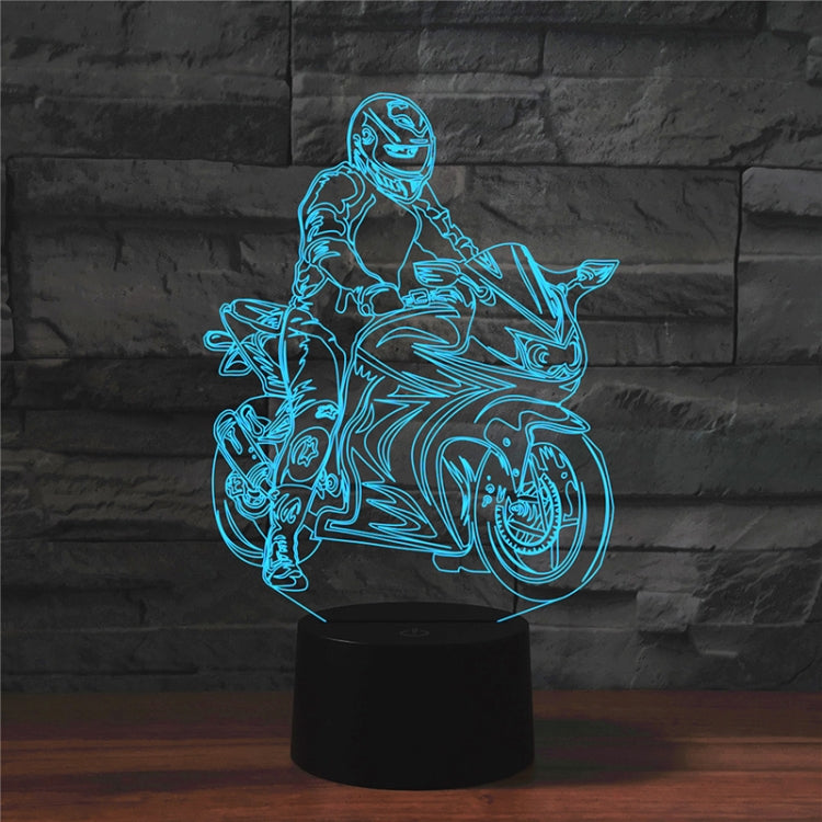 Motorcycle silhouette 3D LED table lamp with blue glowing rider, black base