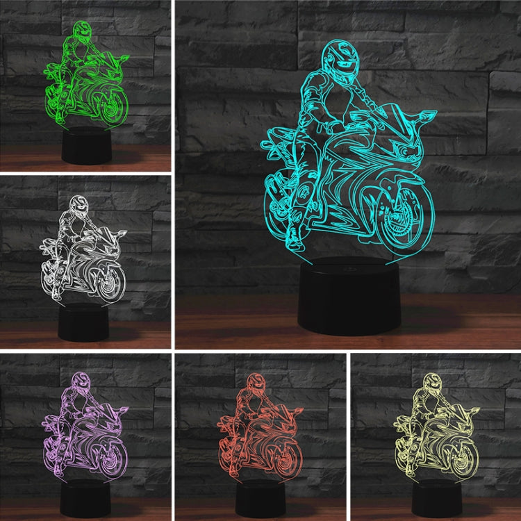 Motorcycle-shaped LED lamp shown in multiple colors: green, white, purple, red, and yellow.