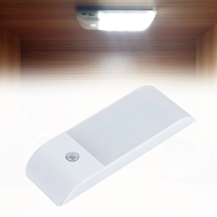 White motion-sensor LED light bar with round sensor lens and angled housing