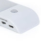 White LED light bar close-up showing USB charging port and round sensor lens