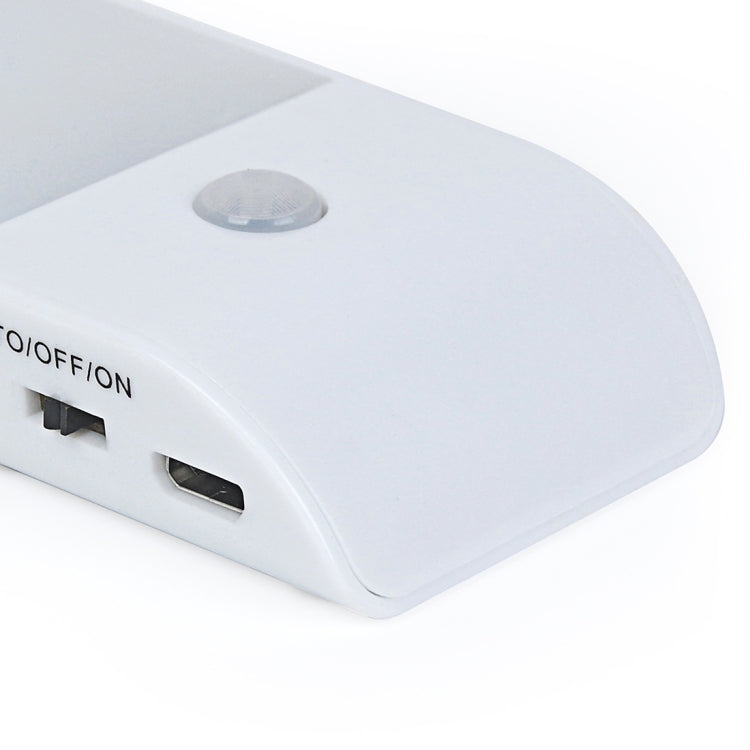 White LED light bar close-up showing USB charging port and round sensor lens