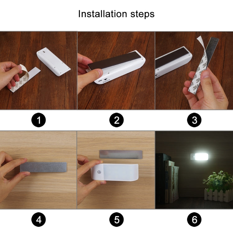 Hands installing a white motion-sensor LED light bar on a surface, step sequence