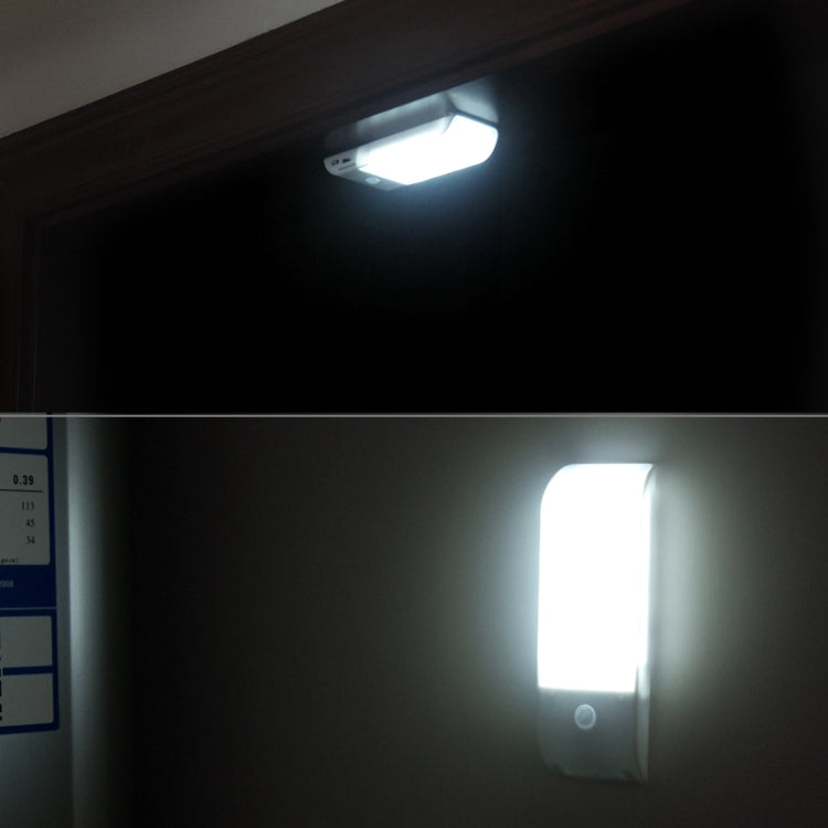 Wall-mounted white motion-sensor LED light bar glowing, with sensor near bottom
