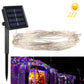 Solar fairy lamp string lights with white wire, LED bulbs, and ground stake