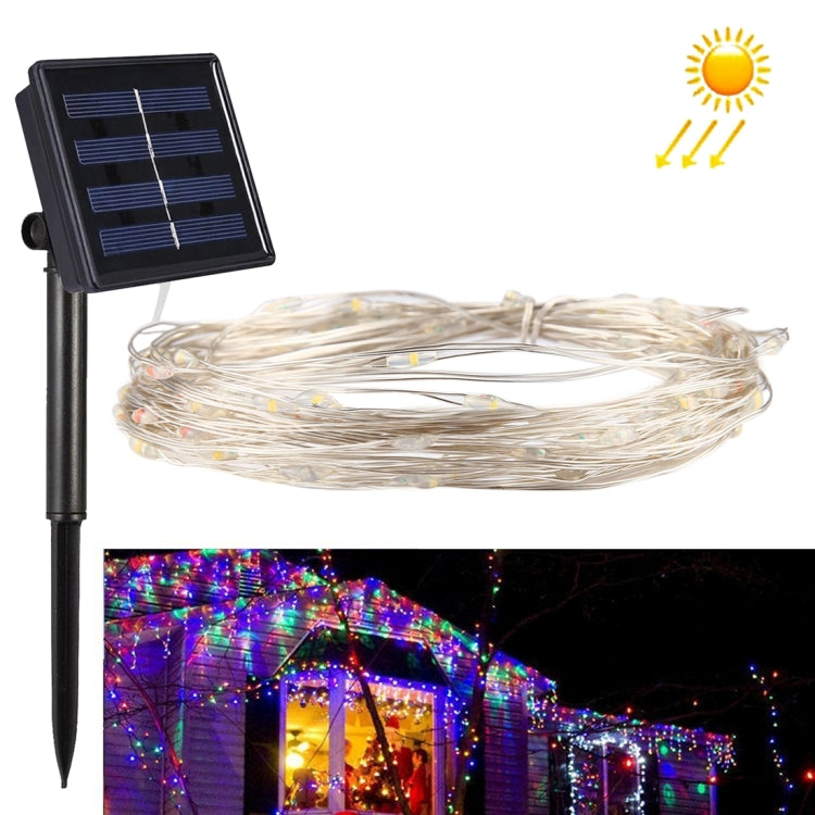 Solar fairy lamp string lights with white wire, LED bulbs, and ground stake