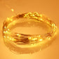 Warm-white LED fairy string lights with bright glowing bulbs along clear wire