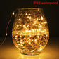 LED fairy string lights glowing in a glass lantern, warm-white style and wire mesh