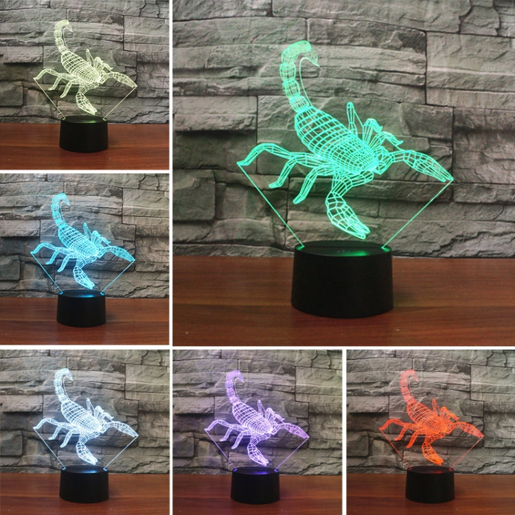 Scorpion-shaped 3D LED table lamp shown in multiple glowing color modes.