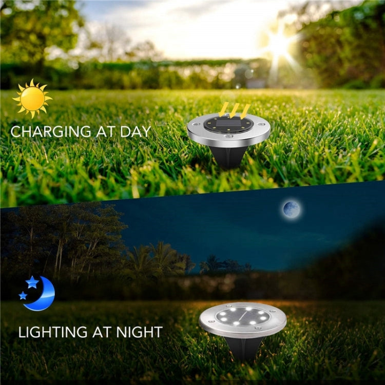 Solar ground LED light showing daytime charging and nighttime illumination on grass