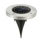 Solar buried ground light with round stainless top and three-prong stake, 16 LEDs