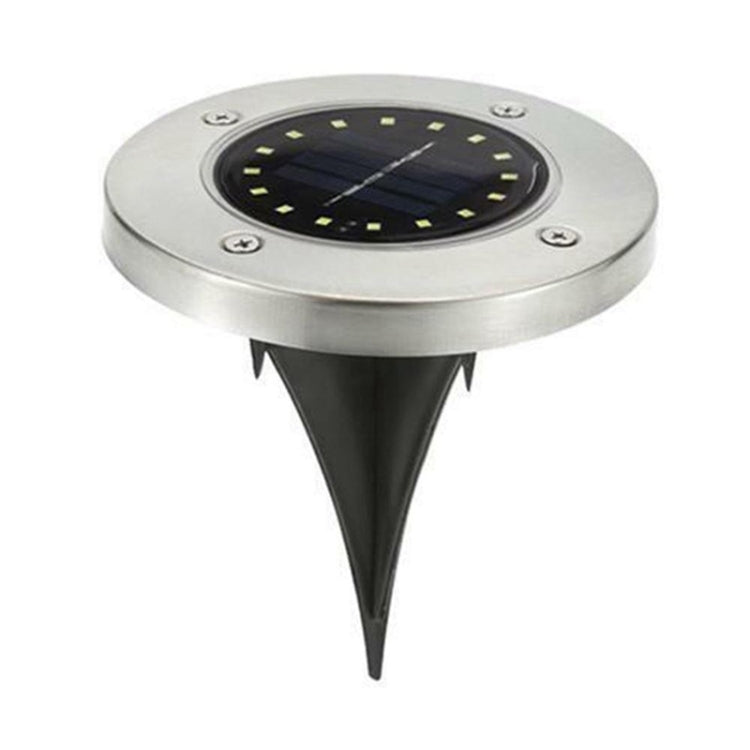 Solar buried ground light with round stainless top and three-prong stake, 16 LEDs