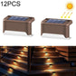Brown solar LED stairway lights with warm white glow on outdoor steps