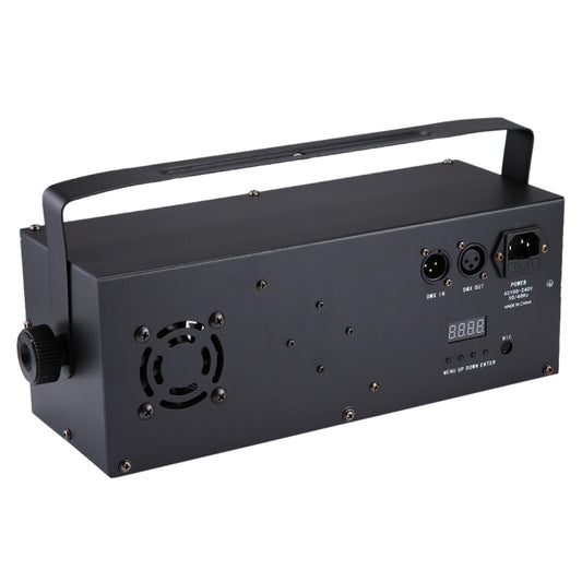 Black stage lighting projector with rear ports, fan grill, and control panel