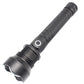 Black LED flashlight with textured handle and cylindrical head for focus