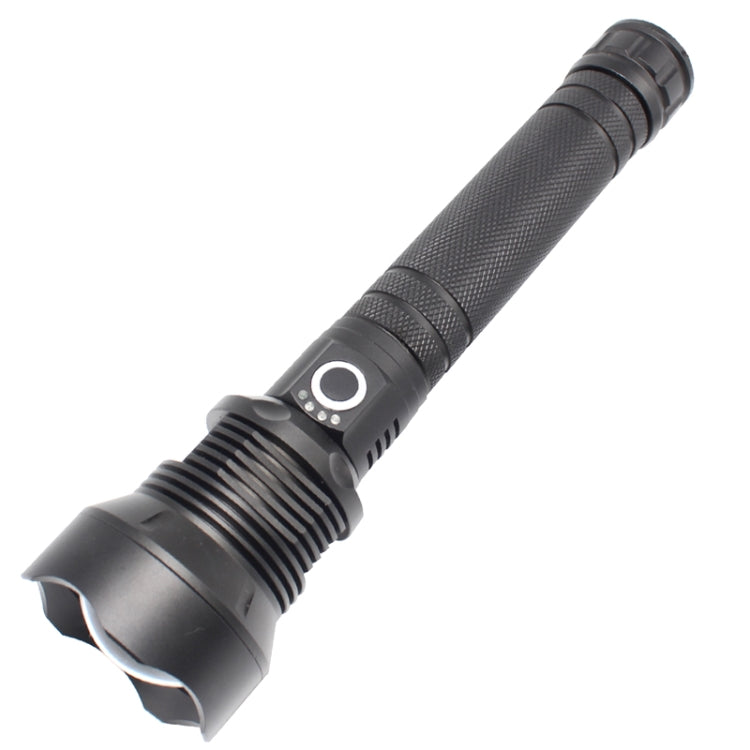 Black LED flashlight with textured handle and cylindrical head for focus