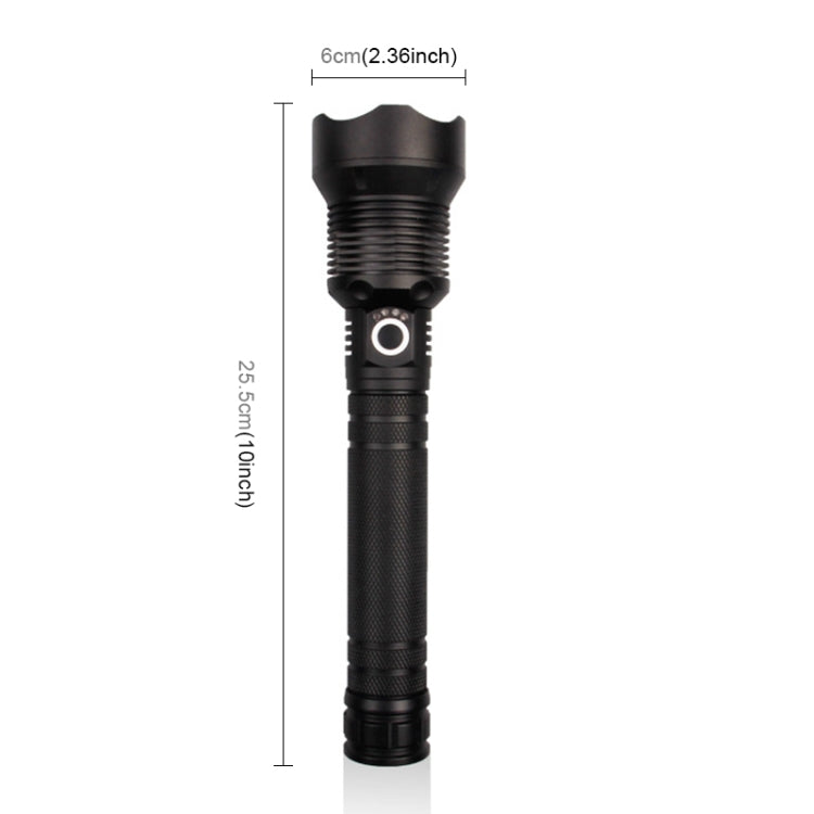 Black flashlight with retractable head; 25.5 cm length and 6 cm head