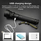 Black LED flashlight with USB charging cable plugged into the handle