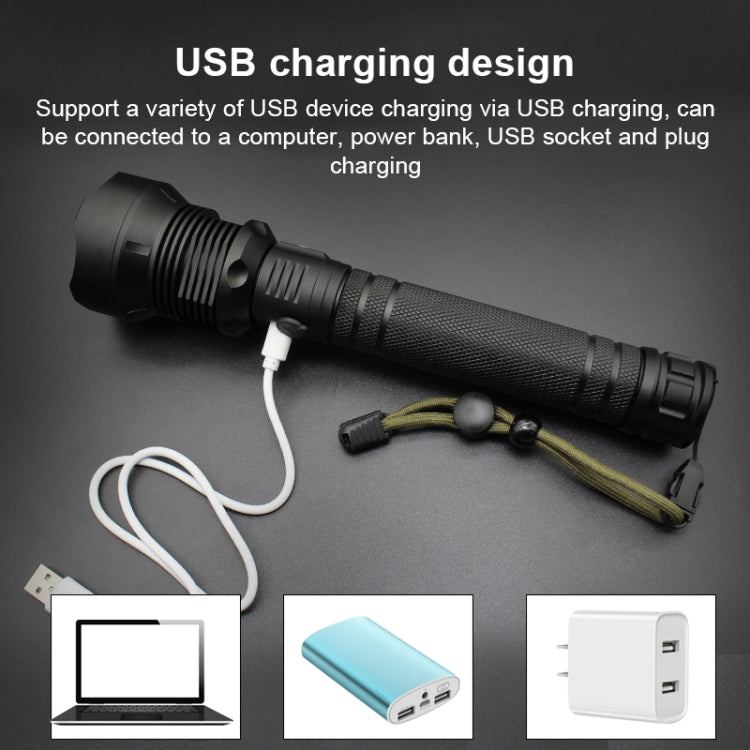 Black LED flashlight with USB charging cable plugged into the handle