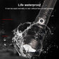 Black waterproof LED flashlight with water droplets on textured body