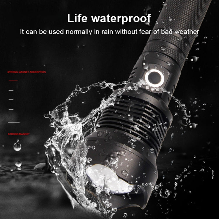 Black waterproof LED flashlight with water droplets on textured body