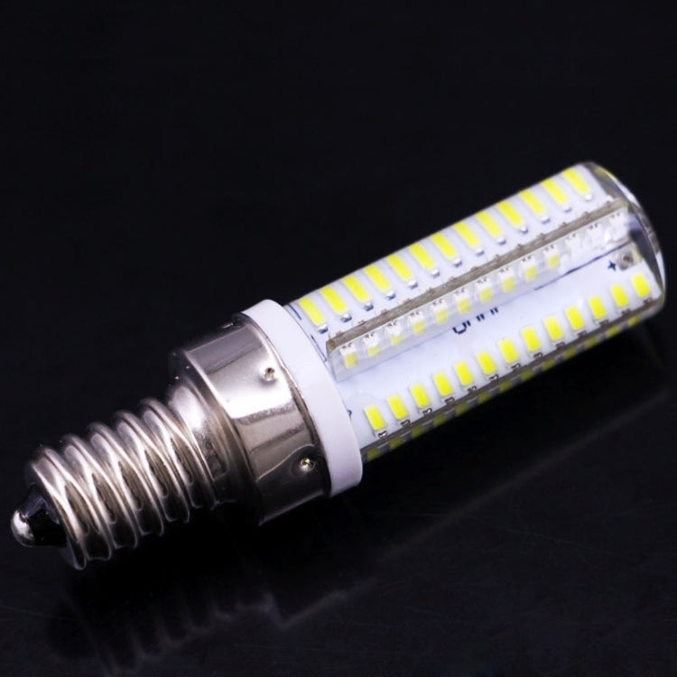104-LED E14 filament LED bulb in side view, clear glass and visible LED strip rows