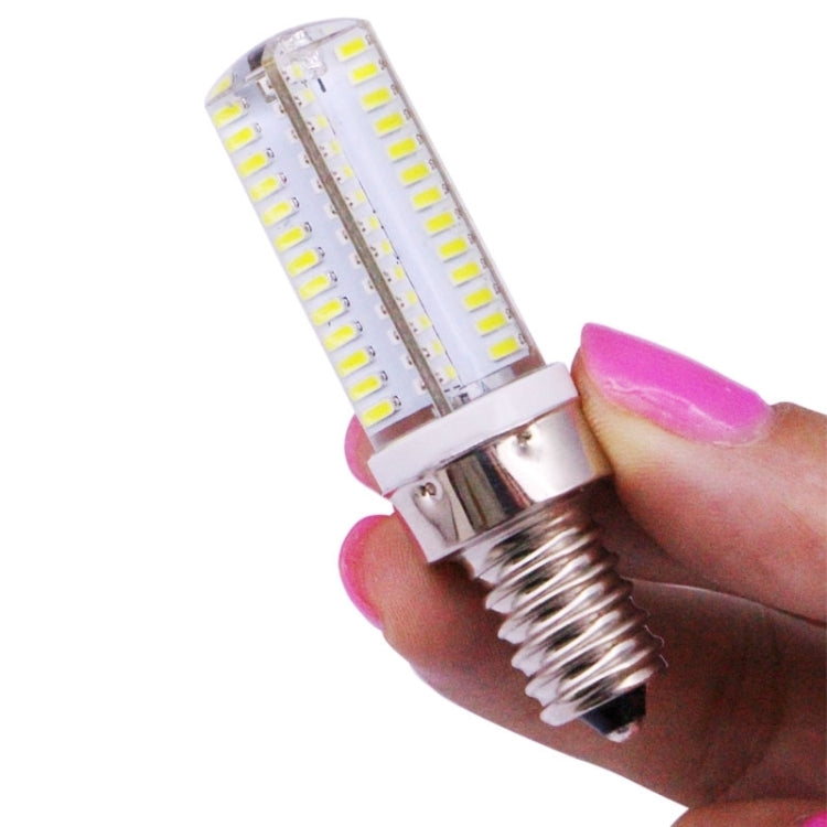 104-LED E14 filament LED bulb held in hand, clear glass with SMD LED strip rows