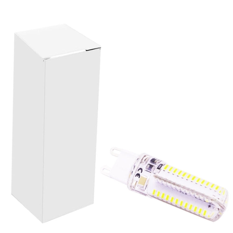 G9 LED light bulb with white base and clear housing next to a white retail box