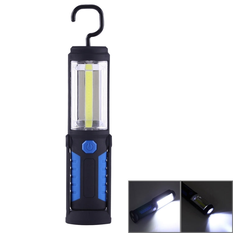 Blue portable emergency work light with hanging hook and bright vertical COB panel