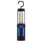 Blue portable work light with hanging hook, clear housing, and vertical COB light strip