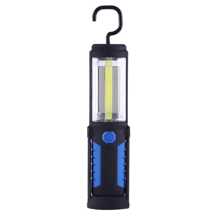 Blue portable work light with hanging hook, clear housing, and vertical COB light strip