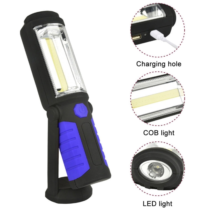 Blue portable work light with hook, COB panel and LED flashlight head