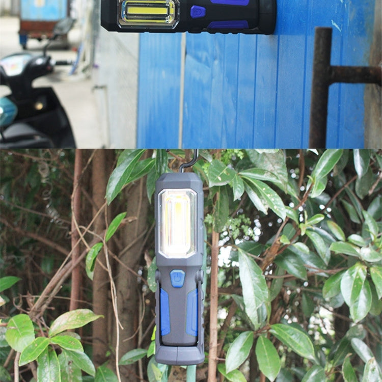 Blue portable work light with hanging hook and bright light panel