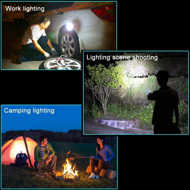 Portable work light projecting a bright beam with blue body and hook
