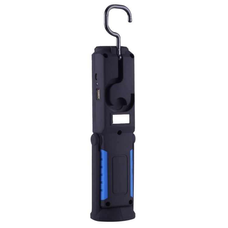Blue portable emergency work light with side control panel and built-in hanging hook