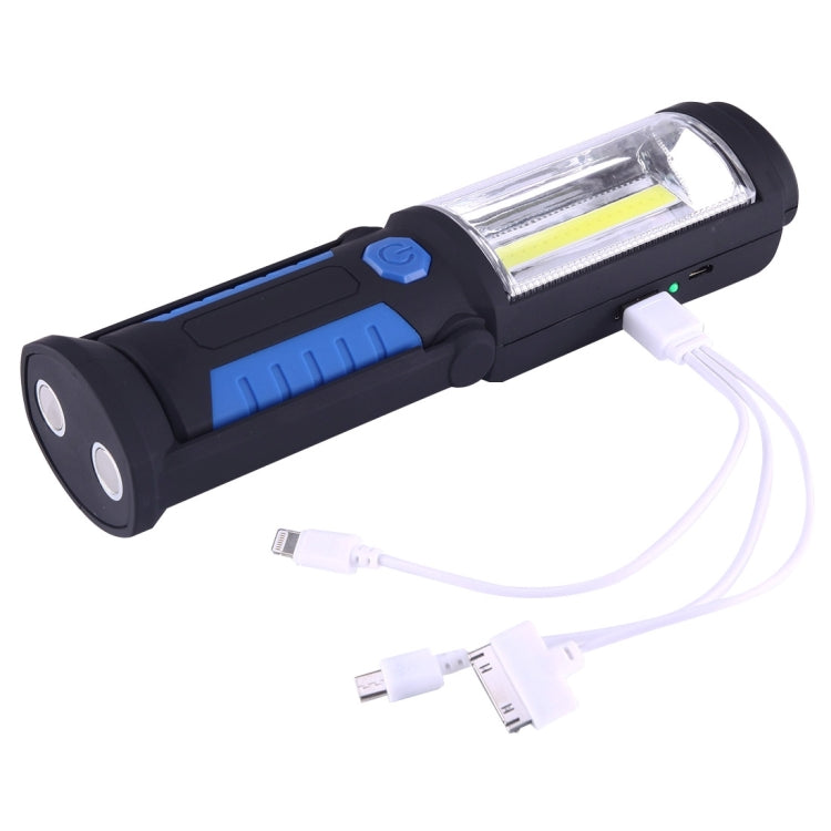 Blue portable emergency work light with USB cables and compact lantern/flashlight head