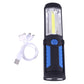 Blue portable emergency work light with included charging cables and hanging hook