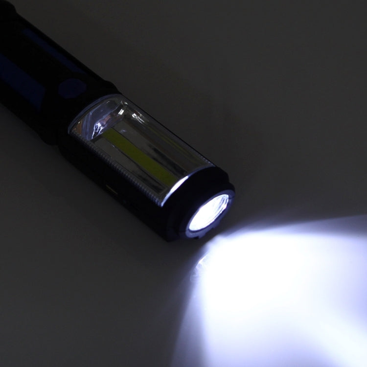Blue emergency work light with side-emitting beam from the clear lens