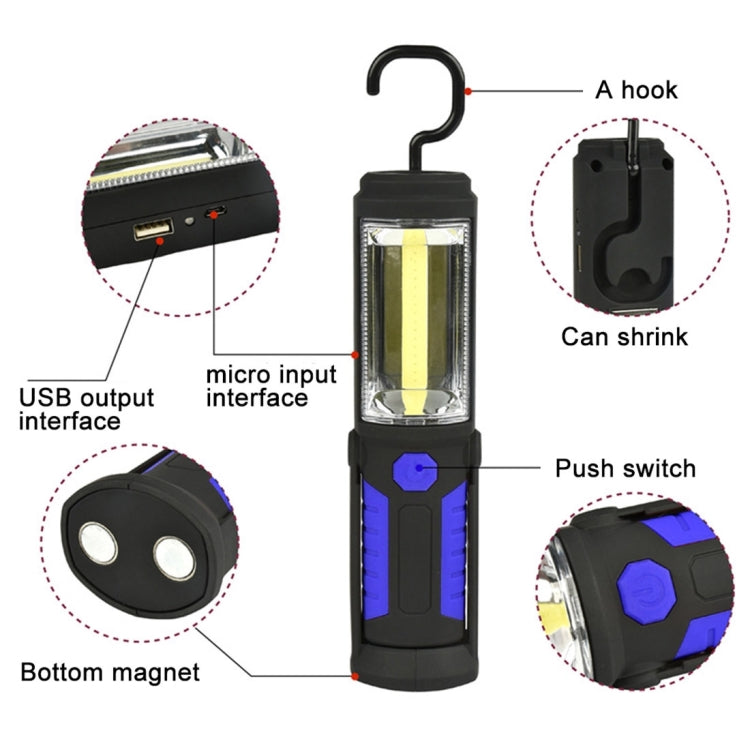 Blue emergency work light diagram with hook, USB output, micro input, and magnetic base