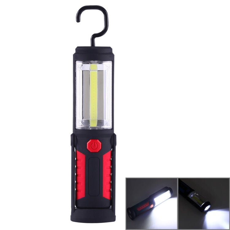 Red portable work light with hanging hook and COB/LED light bar