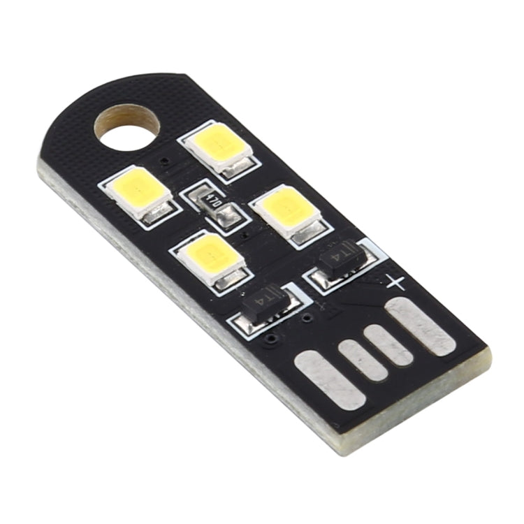 Black USB LED light module with four surface-mount LEDs, plus/minus pads, hole