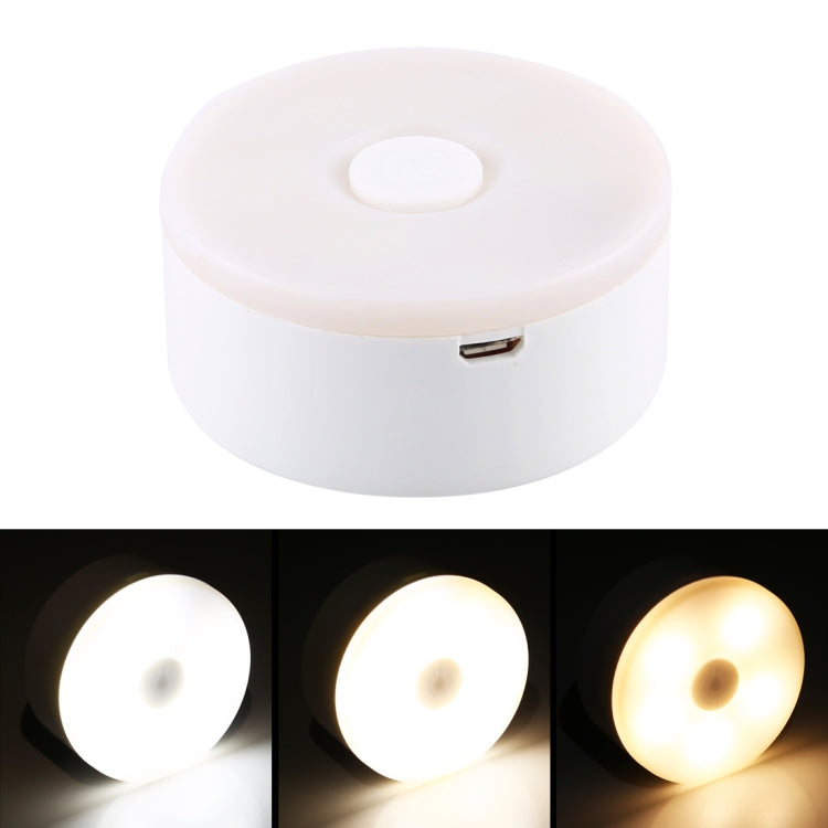 White round USB rechargeable LED night light, top button and side charging port
