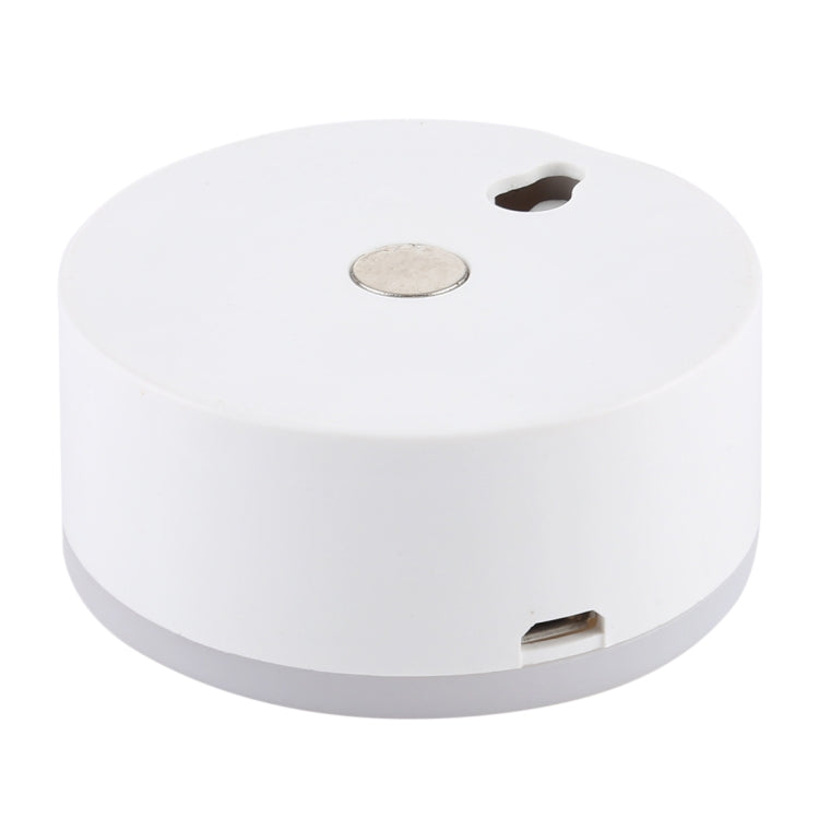 White round USB rechargeable LED night light, side USB port and top indicator